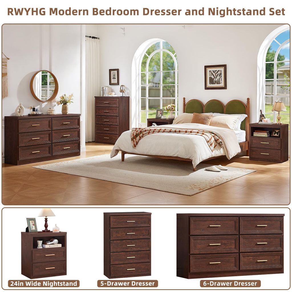 55.1" Wide Farmhouse 6 Drawers Dresser, Walnut