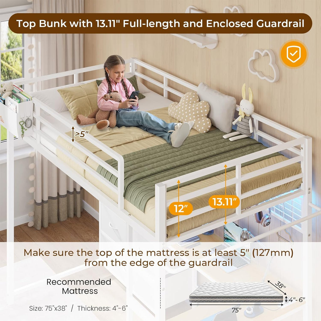 Twin Loft Bed with L-Shaped Desk and 7 Storage Drawers,Metal Twin Loft Bed for Kids with LED Lights and Charging
