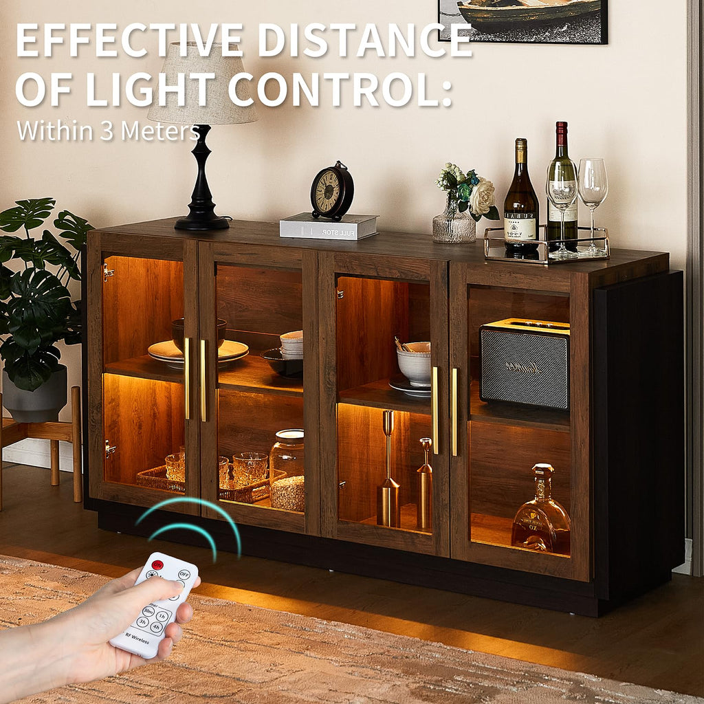 64" Sideboard Buffet Cabinet with Glass Doors & LED Lights, Brown
