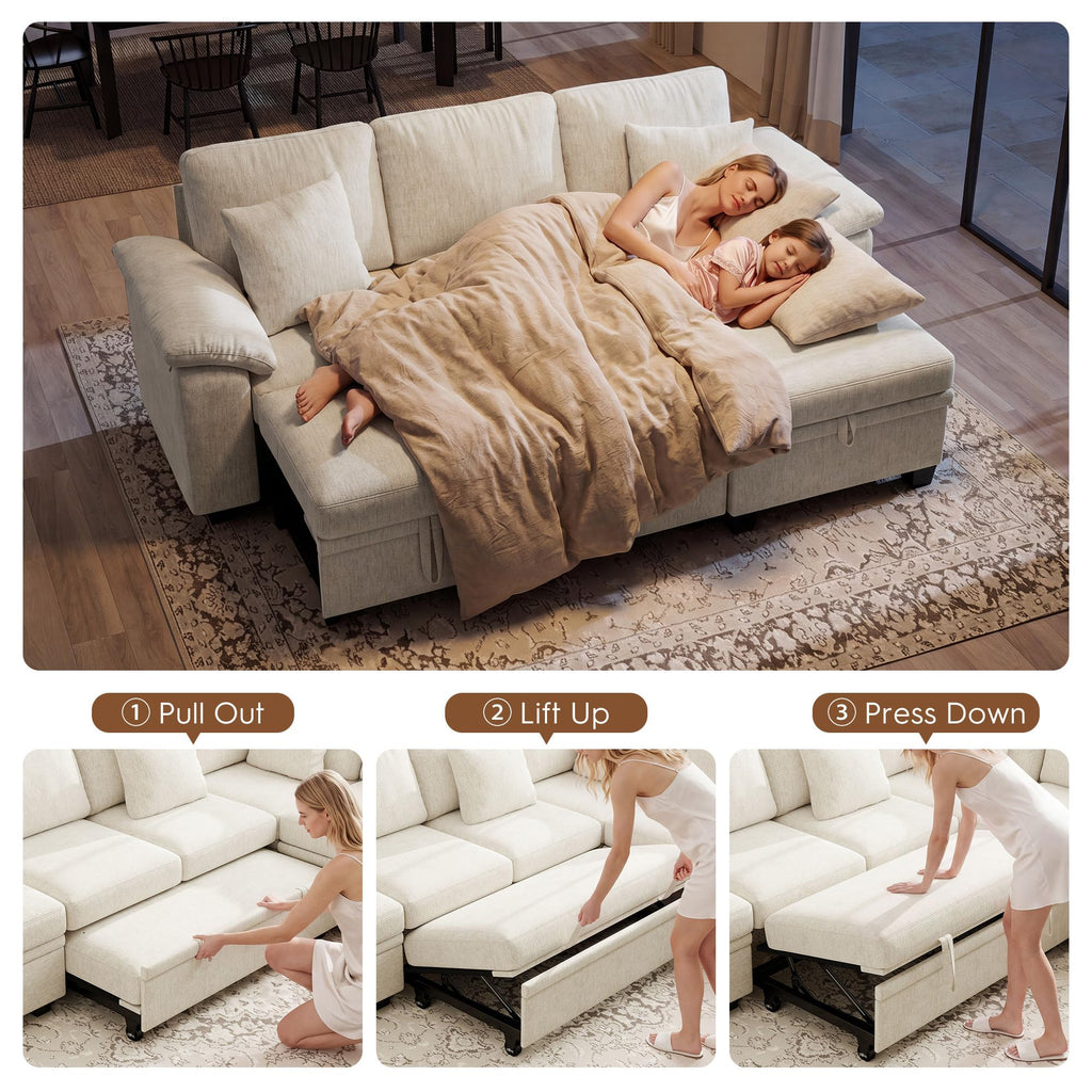 86" Modular Sectional Sofa with Pull Out Bed, 4-Seater L Shaped Sectional Sleeper Couch with Storage Ottoman