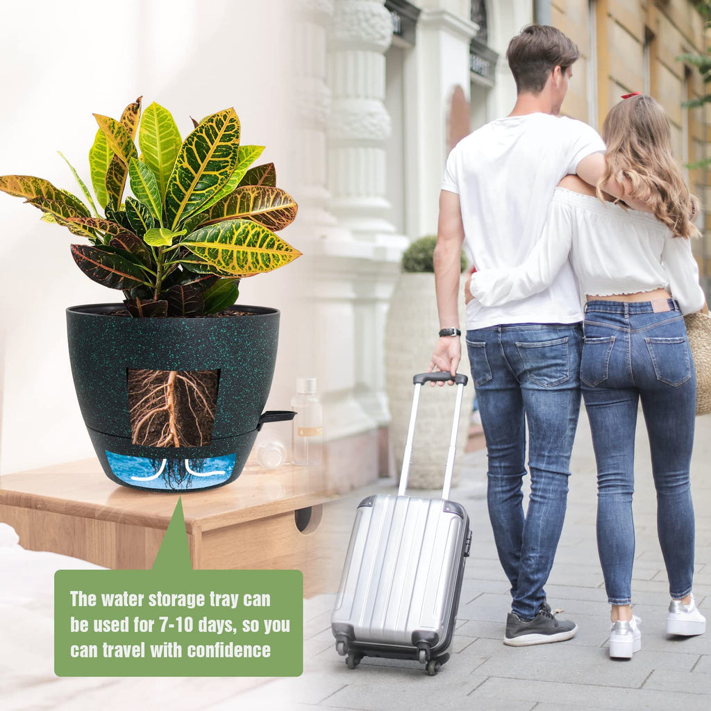 Large Self Watering Pots, 12/10/9 Plastic Planters with High Drainage Holes and Deep Reservoir for Indoor Outdoor