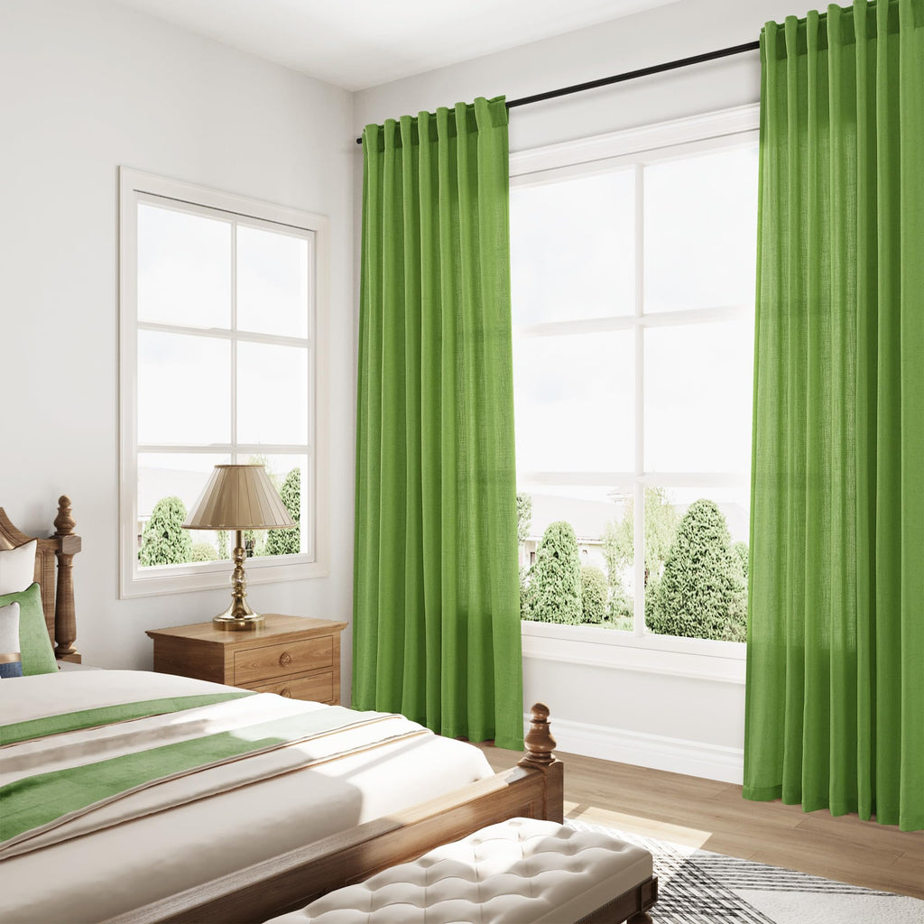 Lime Green Curtains 63 Inches Long 2 Panel Sets Bedroom, Light Filtering Linen Drapes Windows Rod Pocket or Back Tab