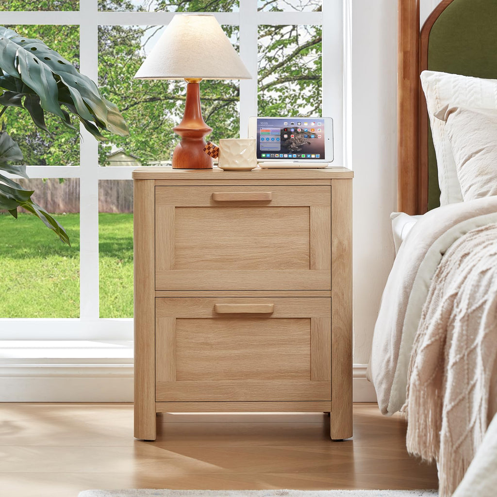 Farmhouse Night Stand Set of 2 with Charging Station, Natural Wood