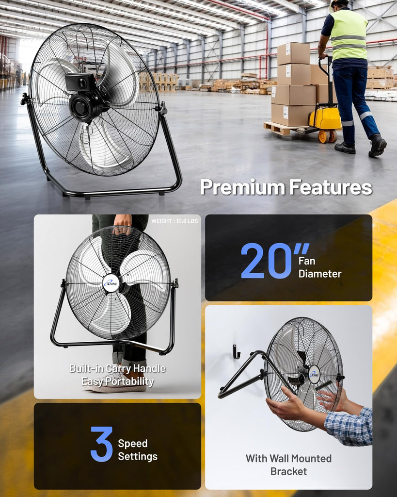 20 Inch Heavy Duty Floor & Wall Mount Fan - 5750 CFM High Velocity, 120-Watt, 3-Speed, Industrial Cooling for Garage