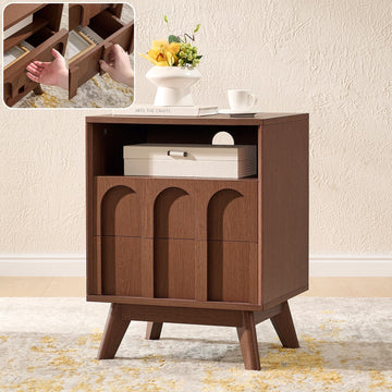 Mid Century Modern Dresser, Walnut 2 Drawer Dresser with Arched Front, Open Shelf, Charging Station, 18.3'' Wide