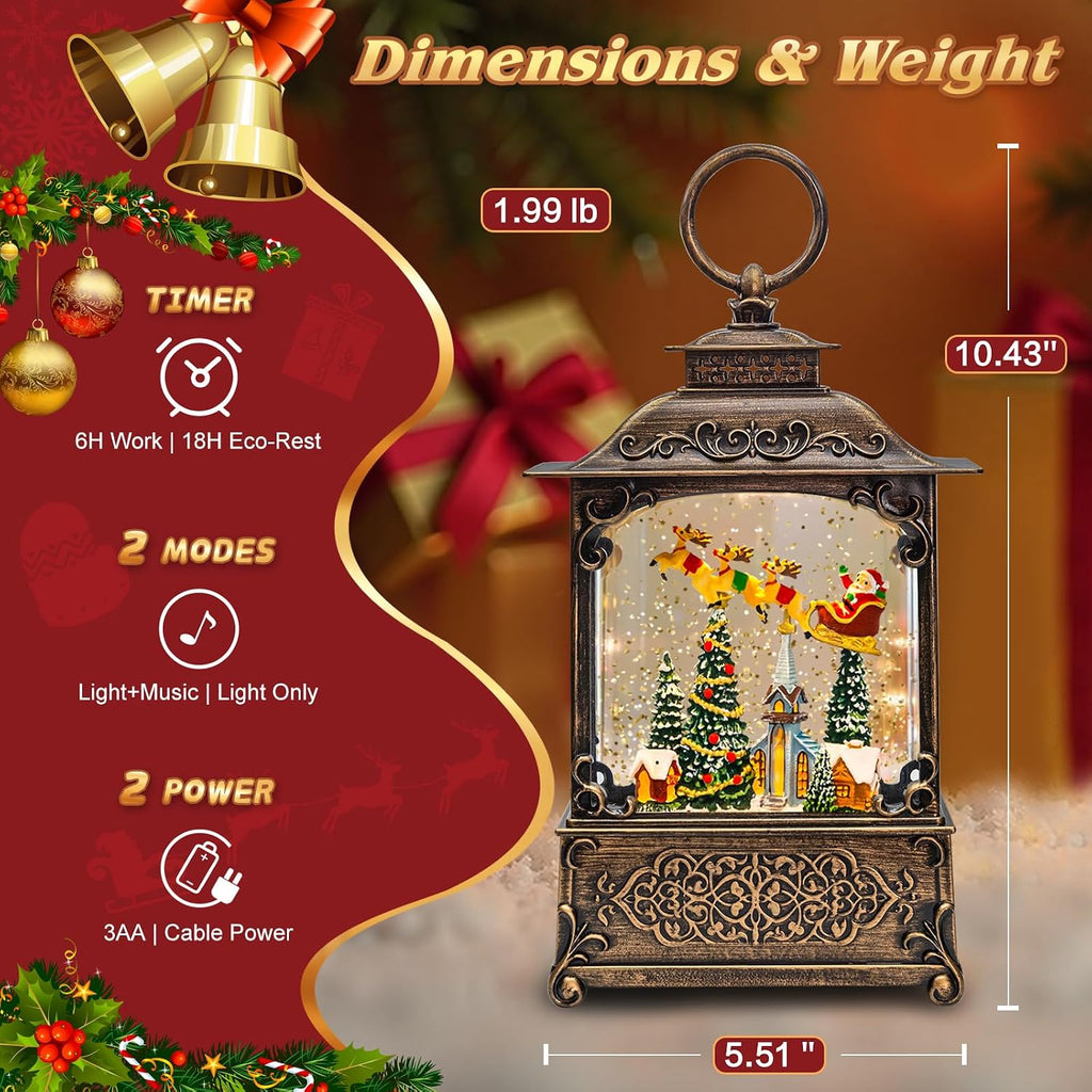 Vintage Christmas Snow Globe Lantern with Santa Flying Reindeer & Church Scene, Lighted Musical Snow Globe