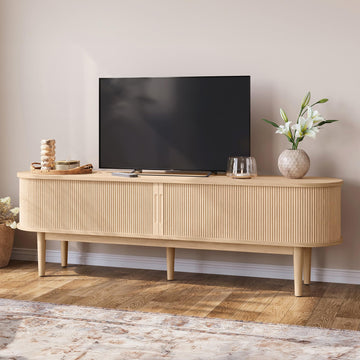 70" Fluted TV Stand for TVs up to 80 Inch, Mid Century Modern Entertainment Center with Storage Cabinet and Sliding