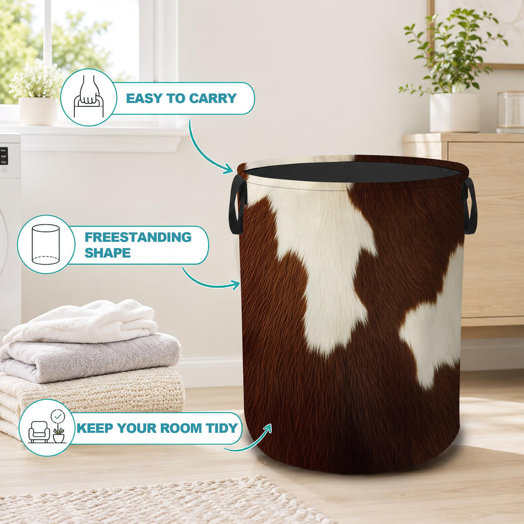 Laundry Hamper, Cowhide Western Collapsible Laundry Basket with Handles, Farmhouse Brown Waterproof Oxford Cloth