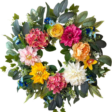 24 Inch Spring Wreaths for Front Door, Spring Wreaths, Spring Summer Door Wreaths with Yellow and Pink Dahlia Hydrangea
