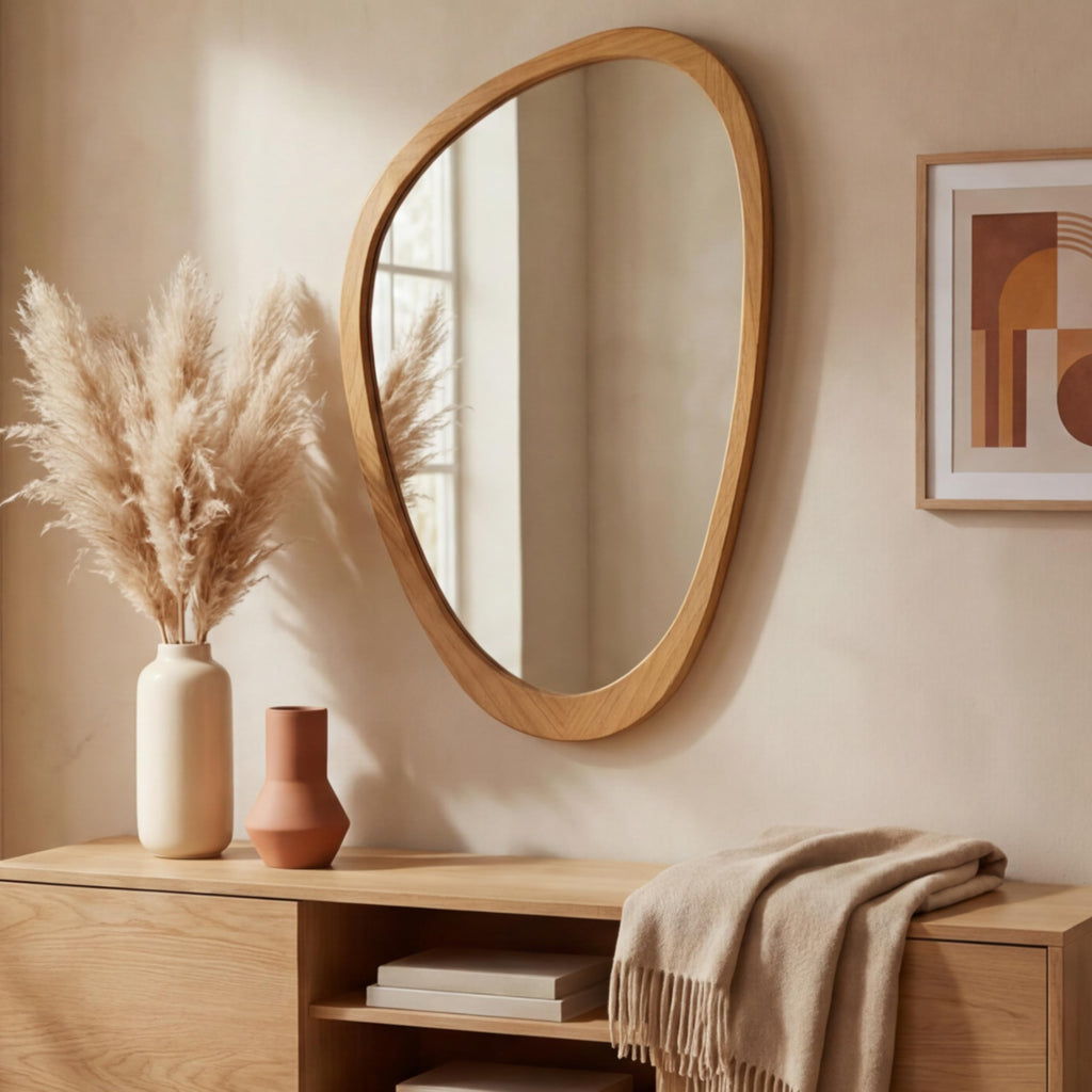 Irregular Wall Mirror, 30"x19" Solid Wood Frame Asymmetrical Mirrors for Mid Century Modern Decor, Tempered Glass