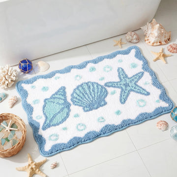 Seashells Starfish Bath Mat Coastal Non Slip Soft, 16 x 24 Inch