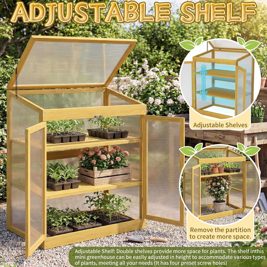 Wooden Cold Frame Greenhouse, Garden Portable Mini Solid Wood Greenhouse Cabinet with Transparent Flip-Top Roof