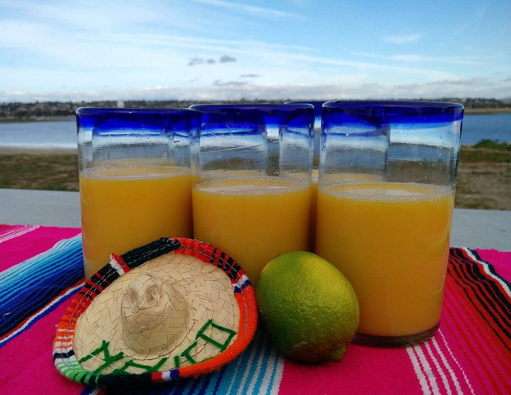 Hand Blown Mexican Drinking Glasses - Set of 6 Glasses with Cobalt Blue Rims (14 oz each)