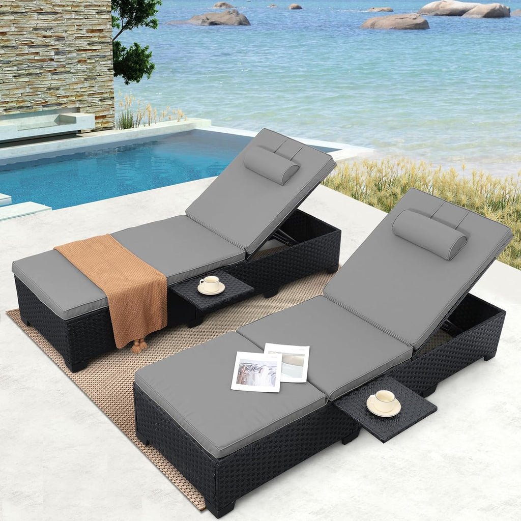 Outdoor Chaise Lounge Chairs for Outside Patio Furniture Set of 2 Wicker Recliner Black Rattan Sunbathing Lounger