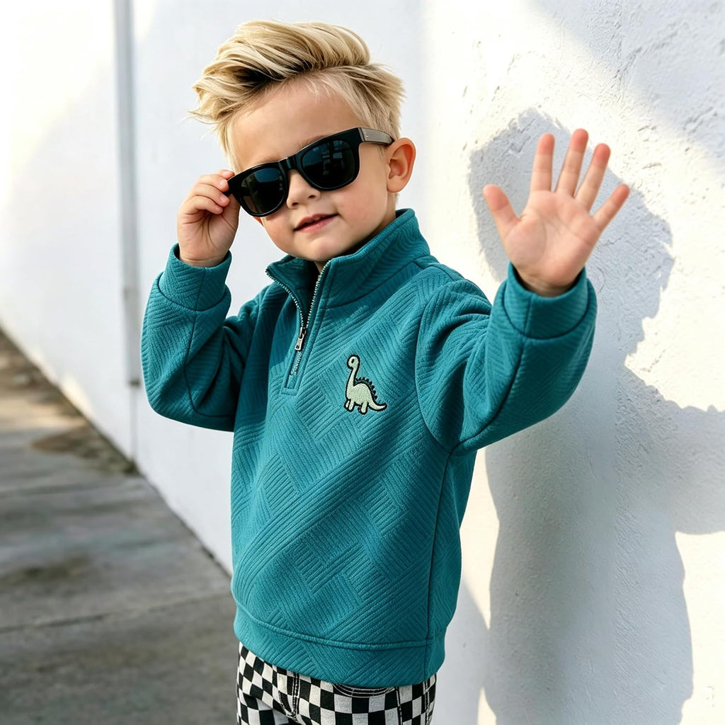 Boys Quarter Zip Sweatshirt Dinosaur Embroidery Pullover