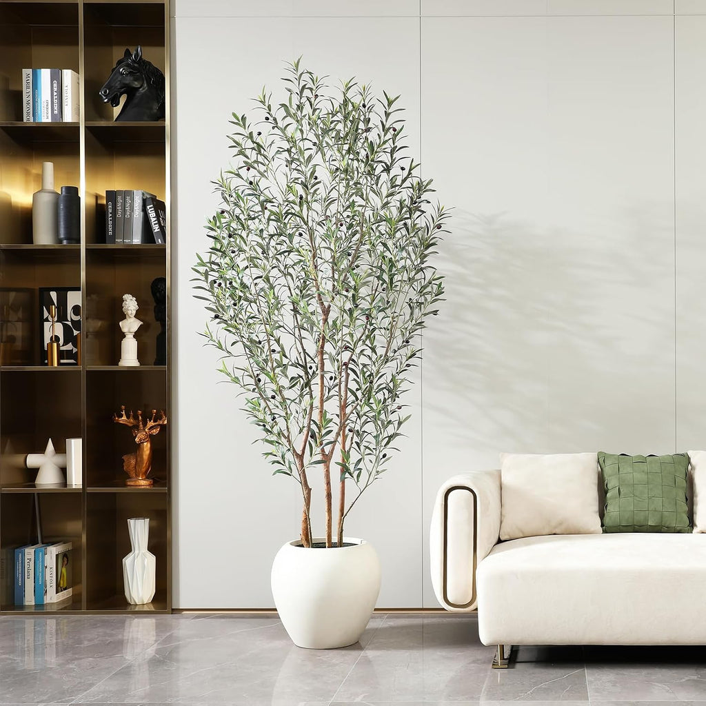Artificial Olive Tree, 8FT Tall, Faux Olive Trees with Natural Wood Trunk & Lifelike Fruits, Indoor, White Tall