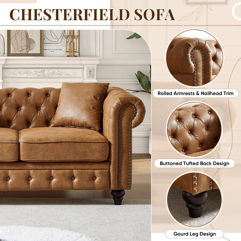 Chesterfield Sofa, Loveseat High-Tech Fabric Couch with Pillows & Button Tufted Back, Mid Century Modern Couch with