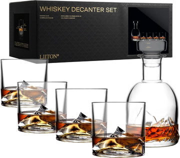 Mount Everest Whiskey Decanter Set with 4 Heavy Glasses - Mens Gift - Set of 5