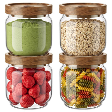 4 Pack 15 FL OZ (450ml) Glass Food Storage Jar with Acacia Lids, Airtight Sealed Clear Glass Canisters, Kitchen Food
