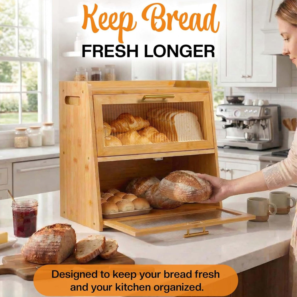 Extra Large Bamboo Countertop, Double Layer Wooden Breadbox Holds Multiple Loaves of Homemade Bread, 16.5 Inch