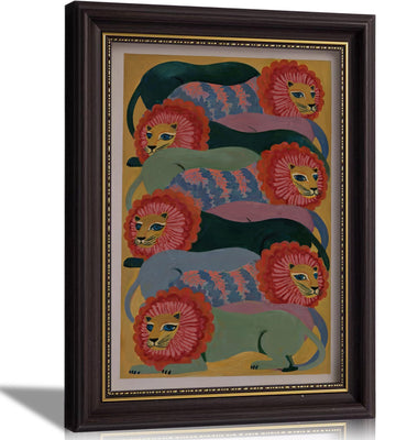 Vintage Brown Framed Lion Wall Art, Colorful Animal Canvas Prints