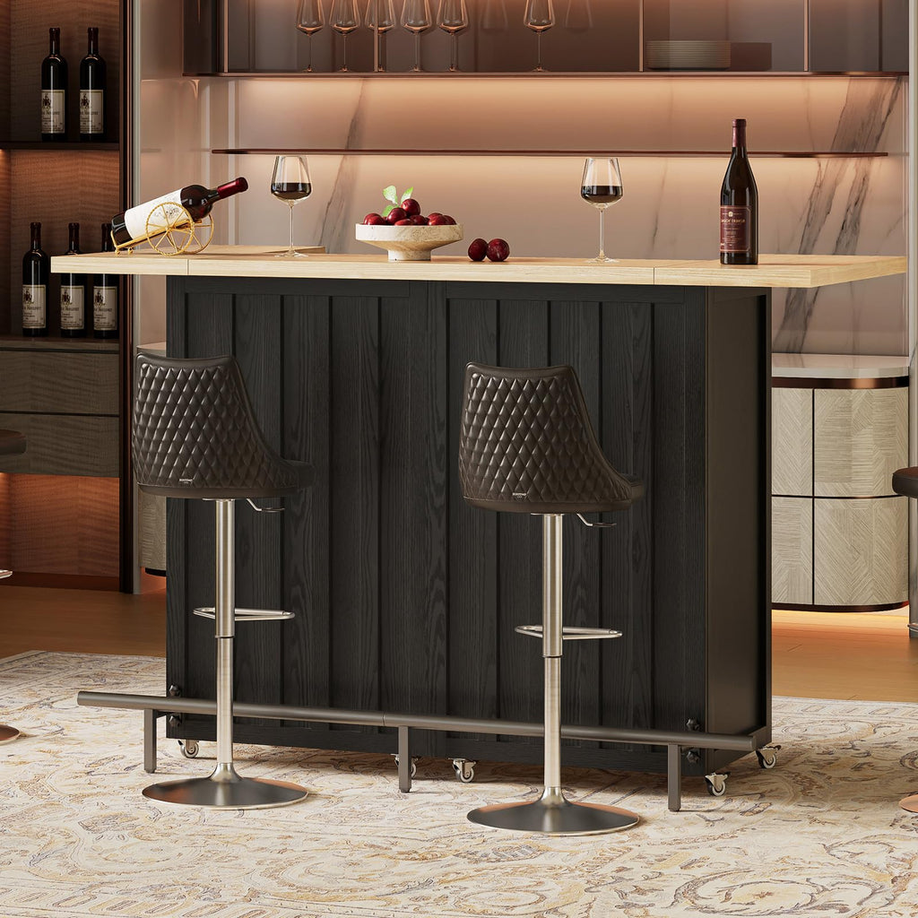 61" Foldable Bar Table, Mobile Party Bar Station on Lockable Wheel