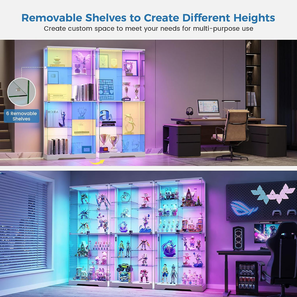 RGB Lighted Display Cabinet with Glass Doors, Frameless - White | 10-layers Shelves; 71inch Tall; Locking Showcase; 5
