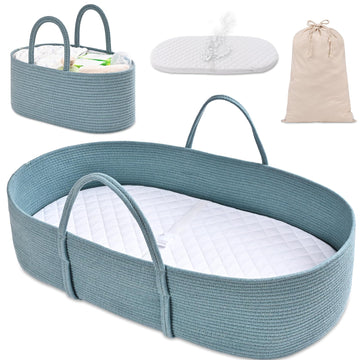 Changing Baskets Set, Moses Basket with Pad and Diaper Caddy, Set of 2 Baskets, Portable Cotton Rope Woven Basket