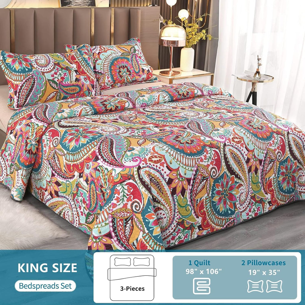 King Quilt Bedding Set, 100% Cotton Boho Bedspread, Vibrant Colorful Gorgeous Paisley Print Coverlet for Living