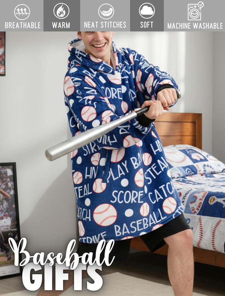 Baseball Gifts, Wearable Blanket Hoodie, Oversized Hooded Blankets | Sweatshirt, Cozy, Warm, Soft Plush Feel