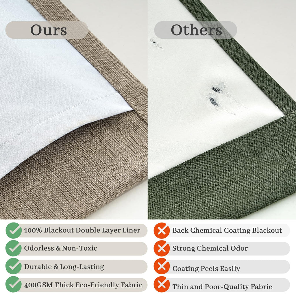 Blackout Extra Long Floor to Ceiling 132 Inch Curtains 2 Panel Set, Warm Beige Memory Shape Pinch Pleat Natural Linen