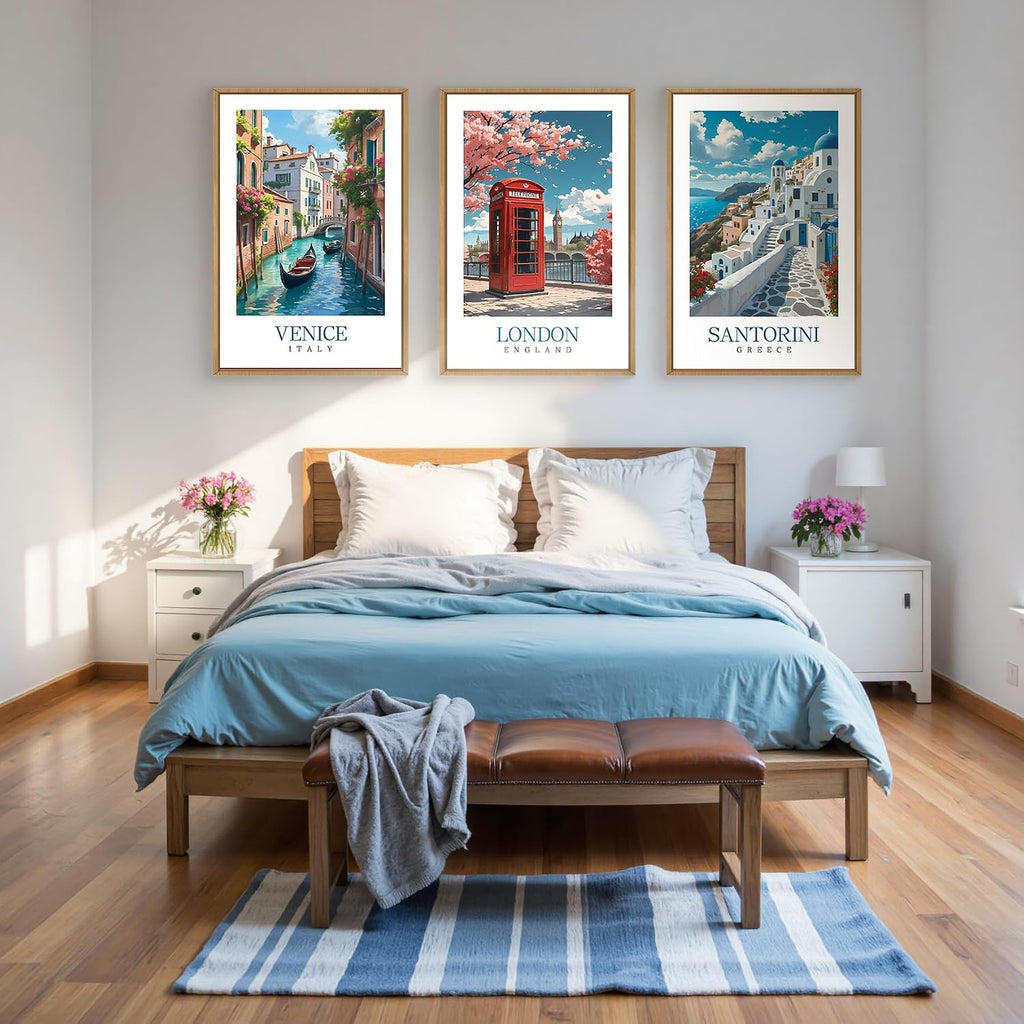 Italy Coast Wall Art Framed, Blue Europe Cityscape Italian Wall Decor set of 3 , Venice London Santorini