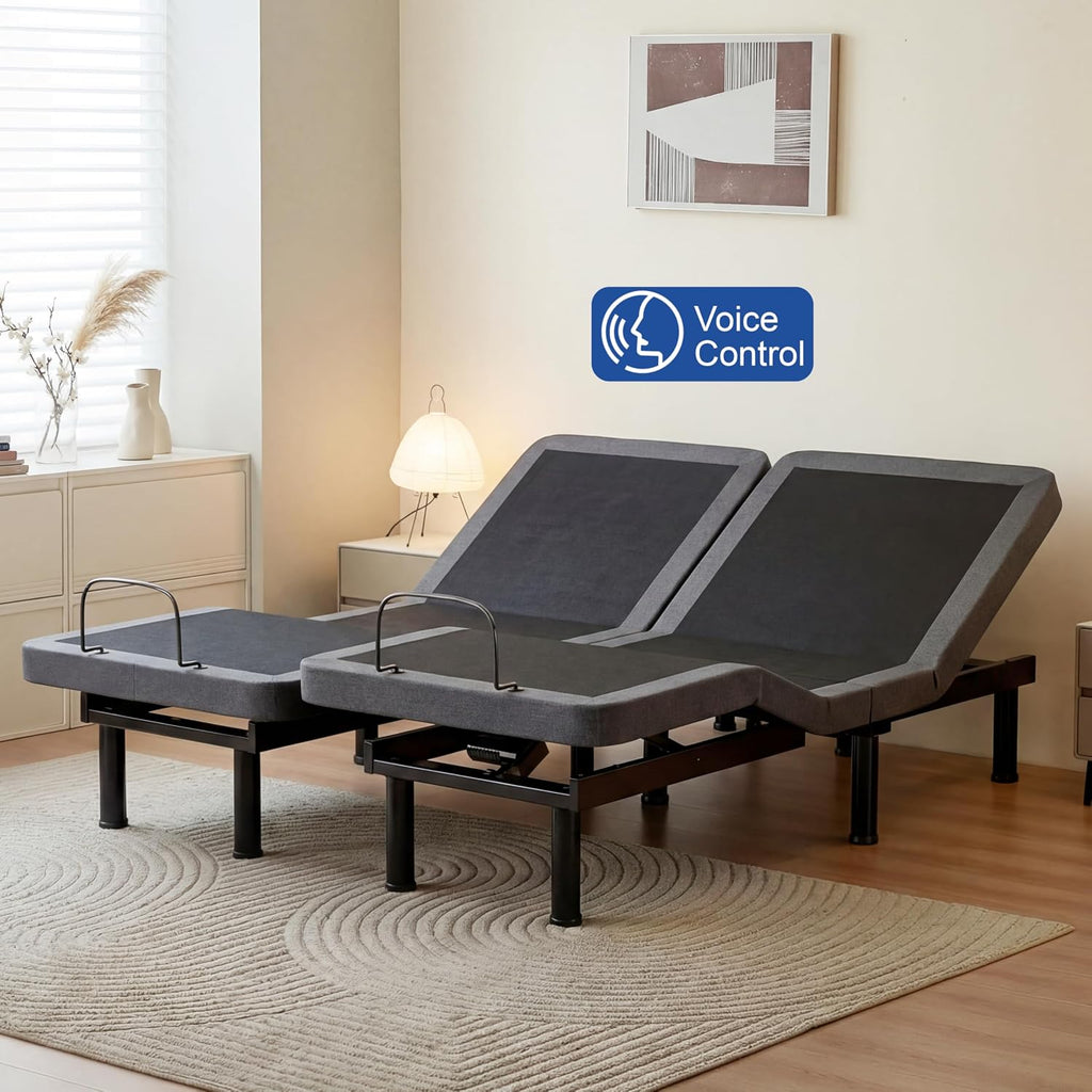 Split King Adjustable Bed Frame with Massage + 14 Inch Gray Gel Medium Firm Memory Foam Mattress in a Box, Bed Base - Set of 4