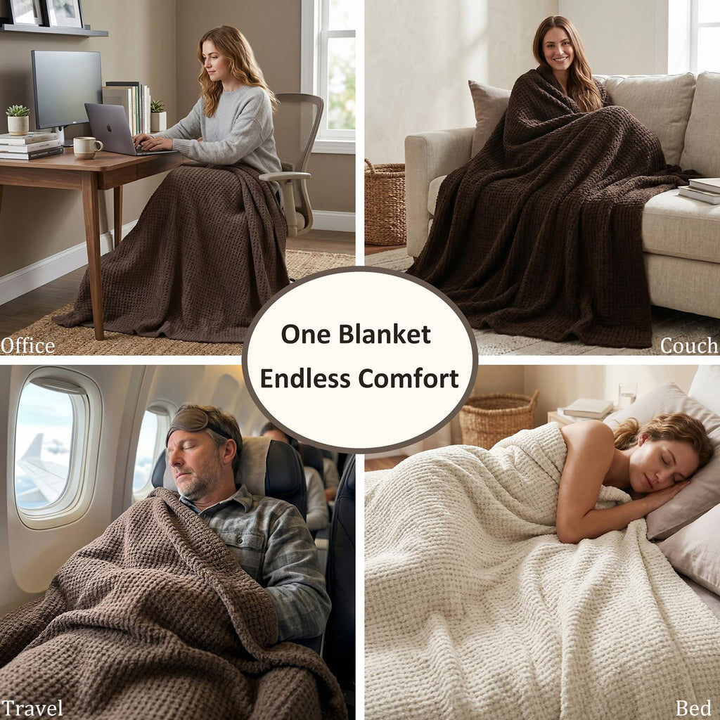 Taupe Waffle Throw Blanket for Couch Bed, Reversible Super Soft Plush Knitted Blanket, Lightweight Cozy Fuzzy Fluffy