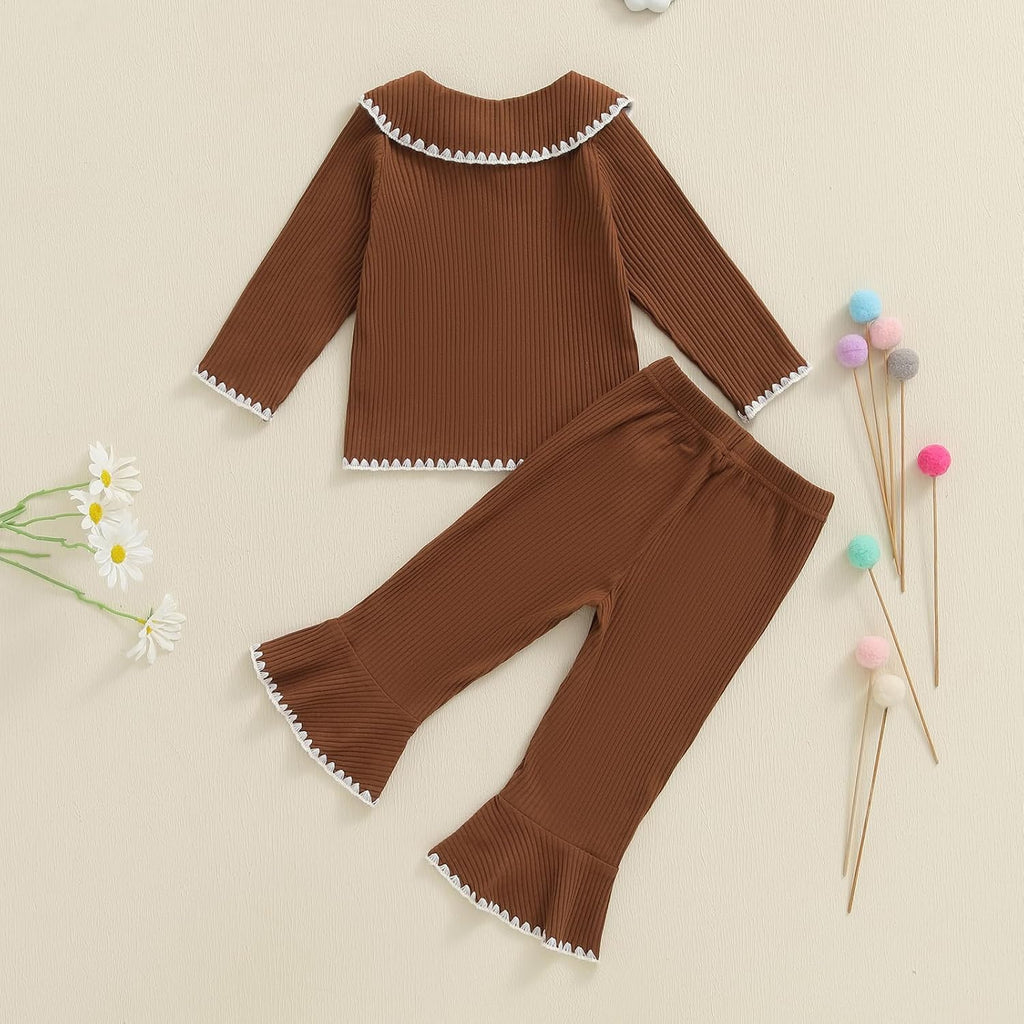 Toddler Baby Girl Fall Winter Outfits Ribbed Long Sleeve Button Down Shirt Tops Flare Pants Cute Clothes Set