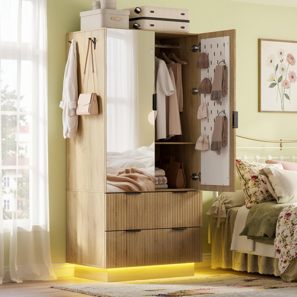 Wardrobe Closet with 2 Doors, Pegboard and Mirror, Wood Armoires