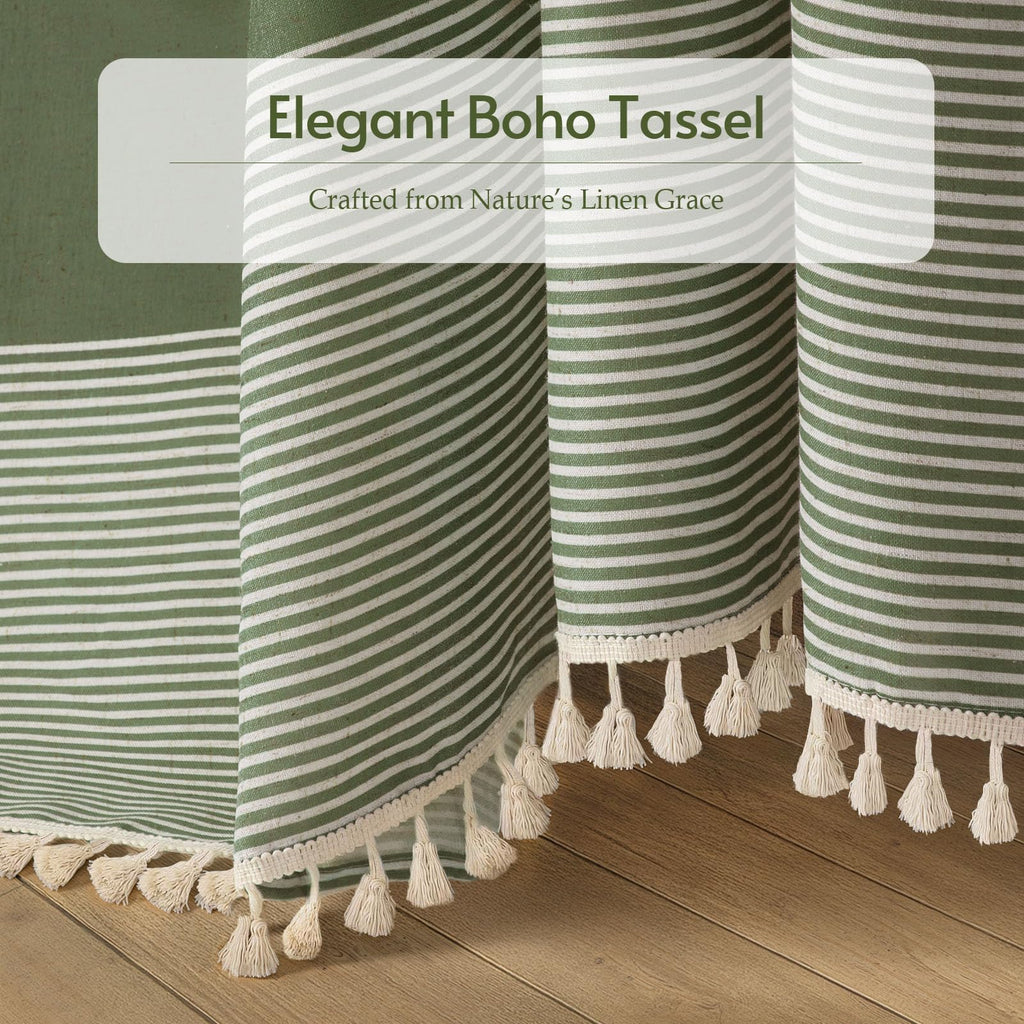 Sage Green Boho Linen Striped Shower Curtain with Tassel 72"W X 72"L