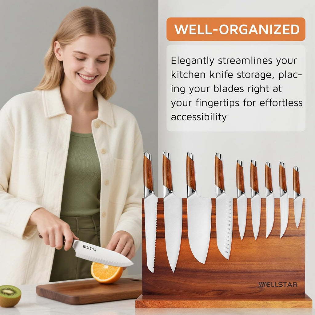 Extra Large Acacia Magnetic Knife Block 16x10 Inches, Dual-Sided Wood Stand | Strong Magnet Knife Holder, Luxurious