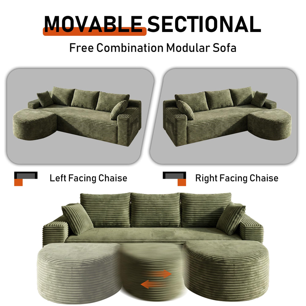94" L-Shaped Boneless Sectional with Curved Ottoman, Green