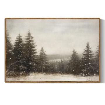 Vintage Winter Christmas Decor, Pine Forest Picture, Framed Art