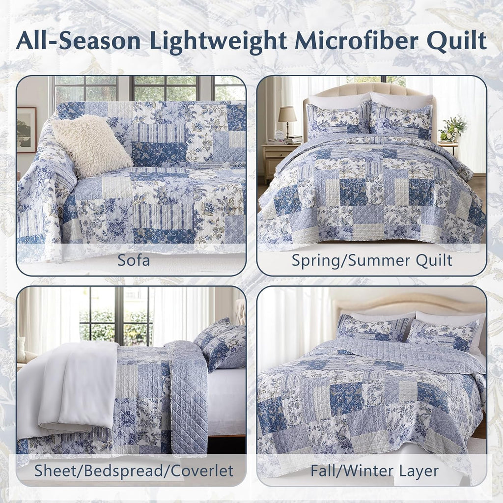XL Queen Quilt Set 90"x96", Reversible Blue Floral Boho Queen Quilt Bedding Set, Lightweight Spring & Summer