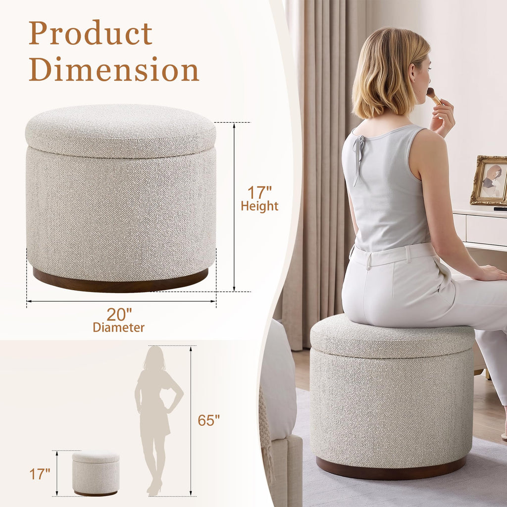 Round Storage Ottoman, 20" Boucle Ottoman Foot Rest Stool(Beige)