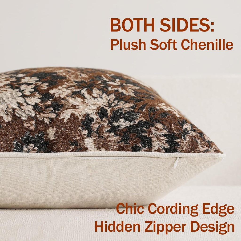 Pack of 2 Vintage Floral Euro Sham Covers 26x26 Boho Farmhouse Accents Chenille Square Decorative Throw Pillow Cases