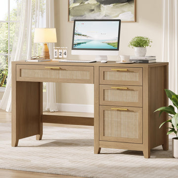 47" Farmhouse Rattan Executive Desk with File Drawer, Oak