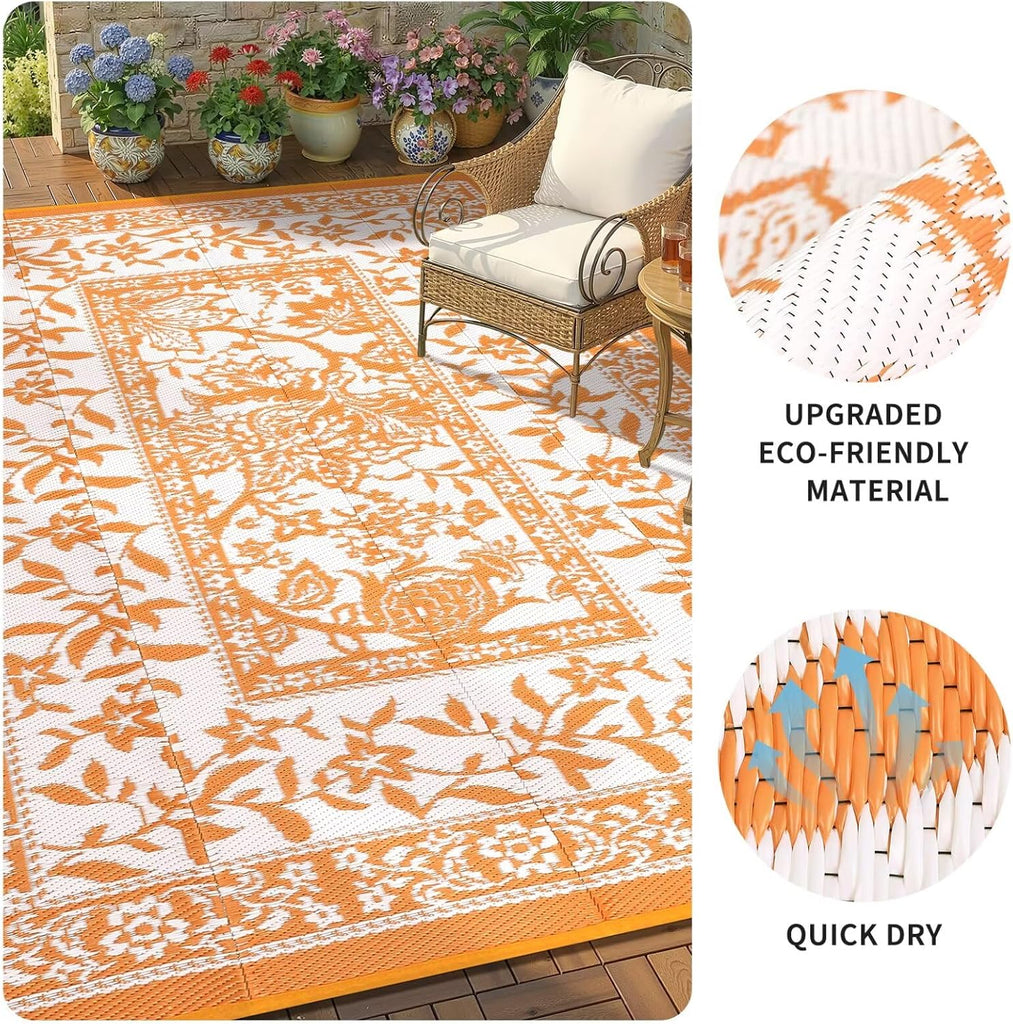 Outdoor Rug Waterproof Reversible Foldable Plastic Straw Orange