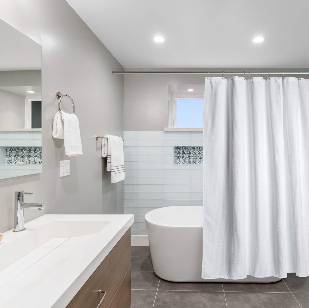 Fabric White Shower Curtain - 60" x 72" Spa, Hotel Luxury Matt Waffle Weave Square Design, Water Repellent, 230 GSM
