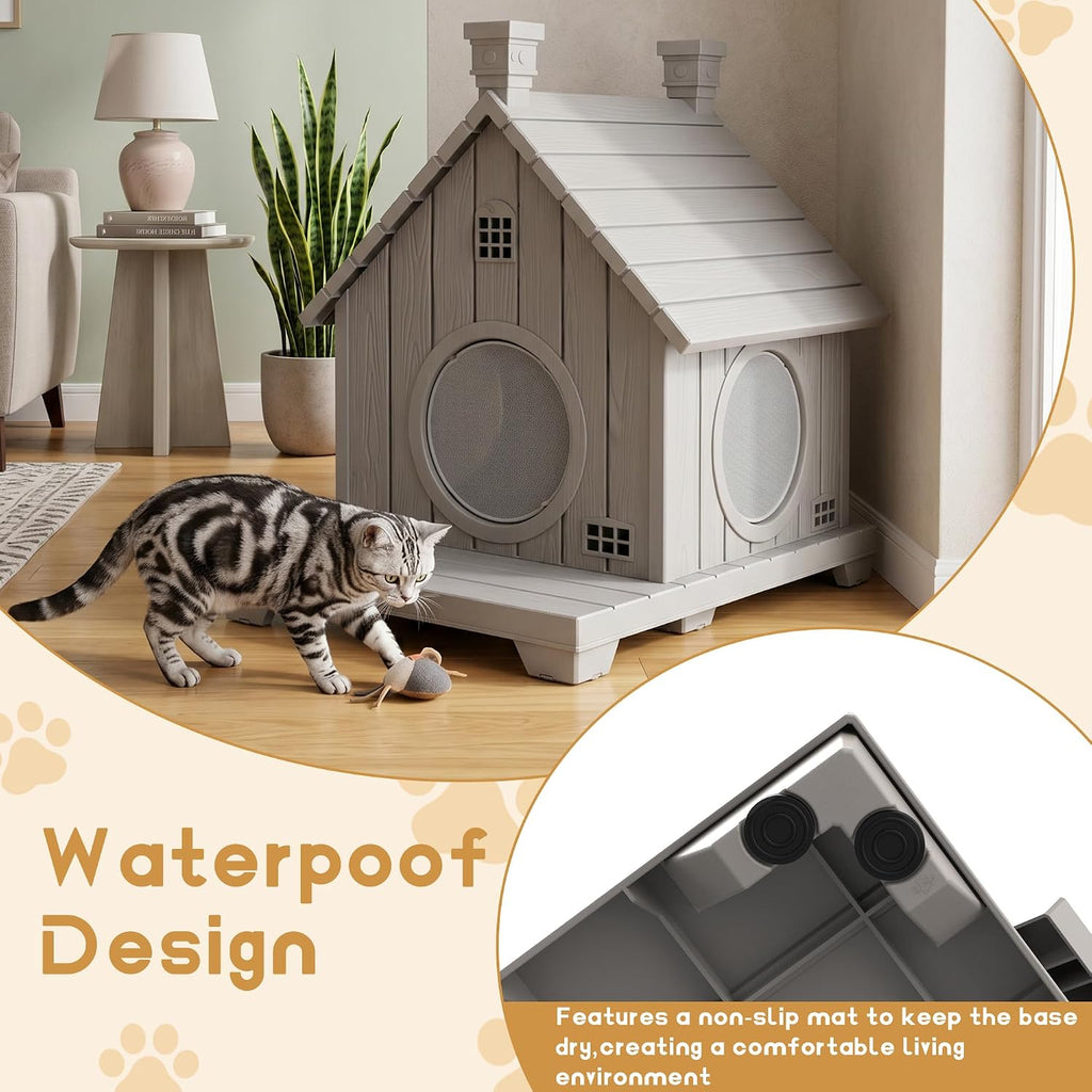 Outdoor Cat House Weatherproof 1-Story Durable Resin, Grey