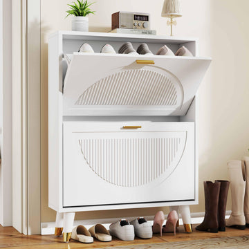 White Narrow Shoe Cabinet Storage with 2 Flip Drawers
