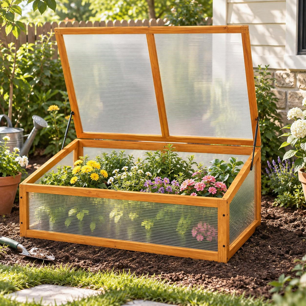 Wood Cold Frame with Flip-Top Roof, Mini Greenhouse 37''×25''×16''