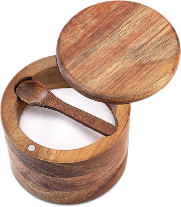 Acacia Wood Salt and Pepper Bowl, Nature Wood Salt Cellar and Spices Storage Box With Built-in Spoon and Magnetic